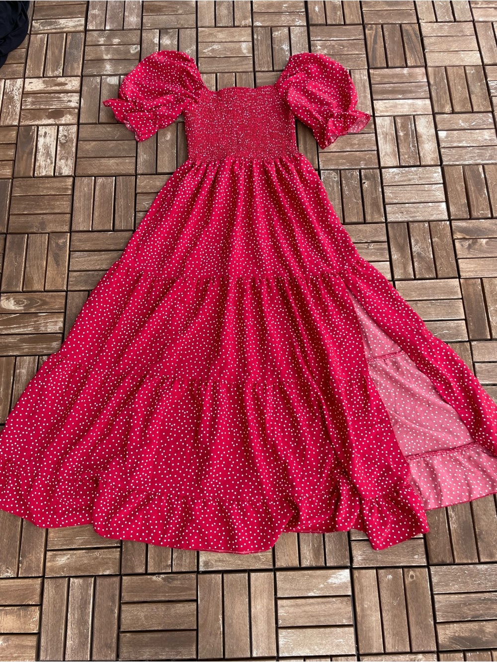 SHEIN Red Polka Dot Midi Dress with Puff Sleeves